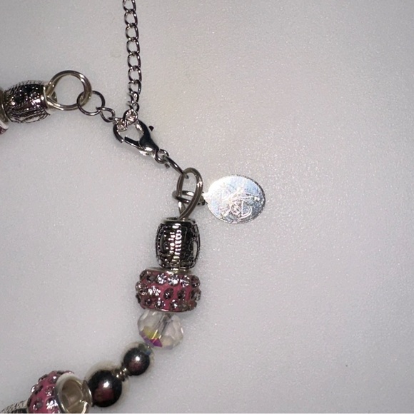 Pink Crystal Encrusted Donut & Silvertone Beaded Bracelet - Picture 5 of 6